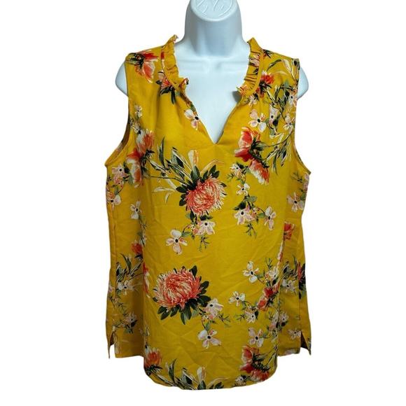 Rose + Olive Yellow Floral Blouse Sz Large Sleeveless Top Loose V-Neck - Picture 6 of 7